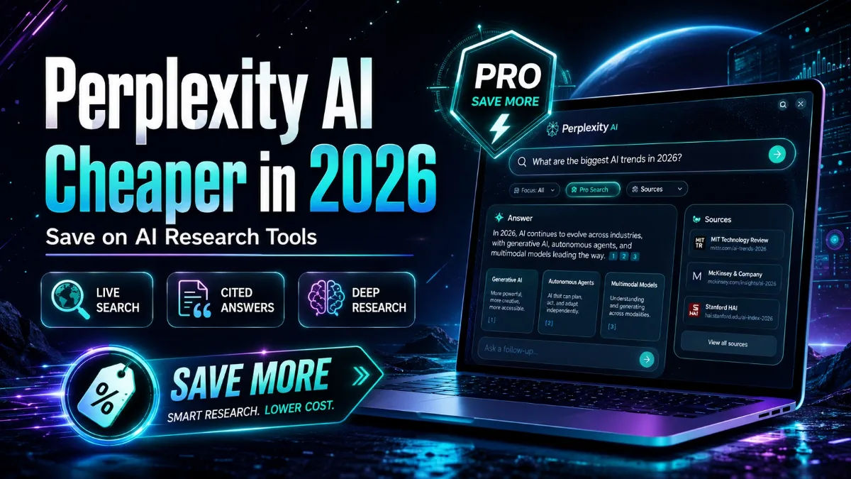 Perplexity AI illustration with a research interface and a laptop against a blue background.