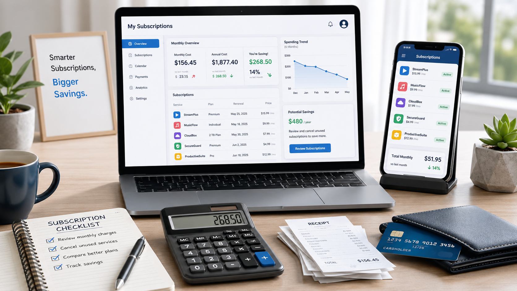 Subscription checklist dashboard showing how to save money on subscriptions in 2026