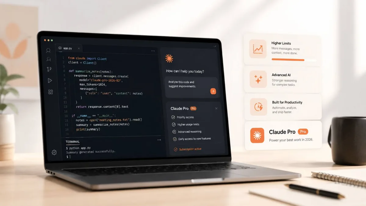 Claude Pro used for coding, writing and productivity work on a laptop