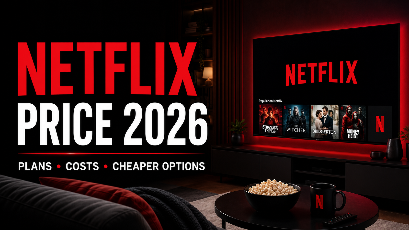 Netflix price 2026 guide showing plans, costs and cheaper options on a home cinema display