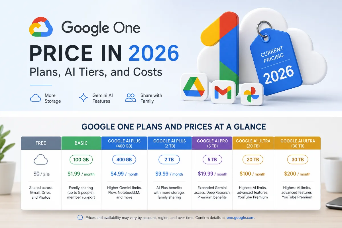 Google One plans and US monthly prices for 2026, comparing storage from 15 GB to 30 TB