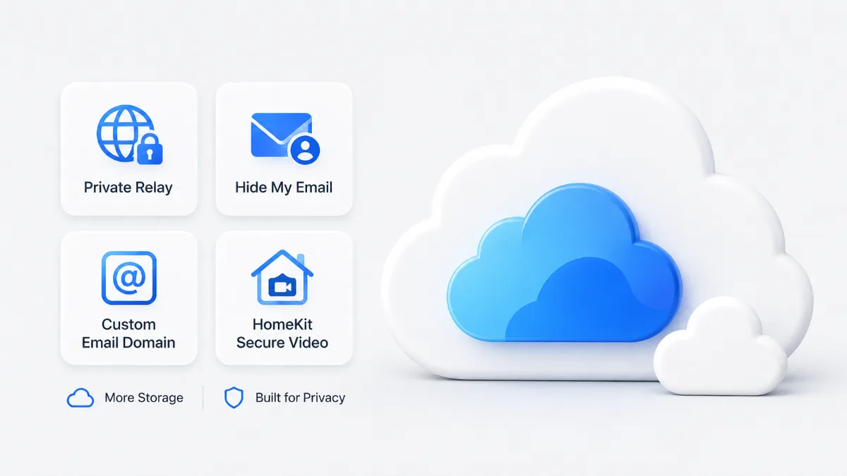 iCloud+ privacy features including Private Relay, Hide My Email, Custom Email Domain, and HomeKit Secure Video