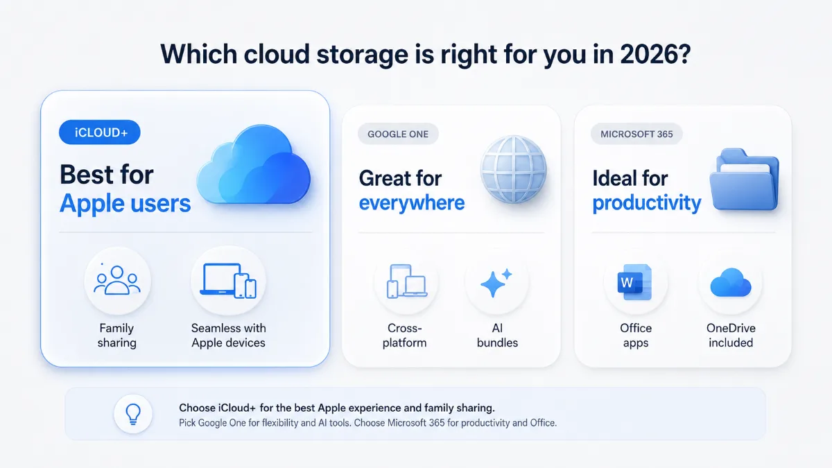 Comparison of iCloud+, Google One, and Microsoft 365 cloud storage options in 2026