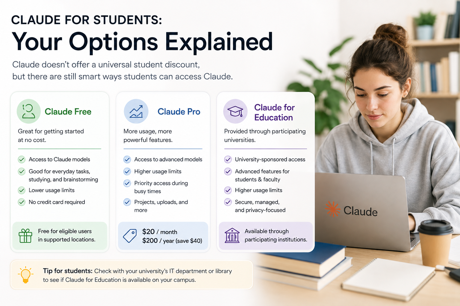 Claude Free, Claude Pro, and Claude for Education options for students in 2026