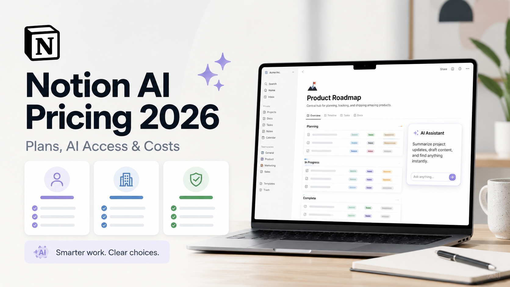 Notion AI pricing 2026 featured image showing workspace plans, AI access and productivity tools.