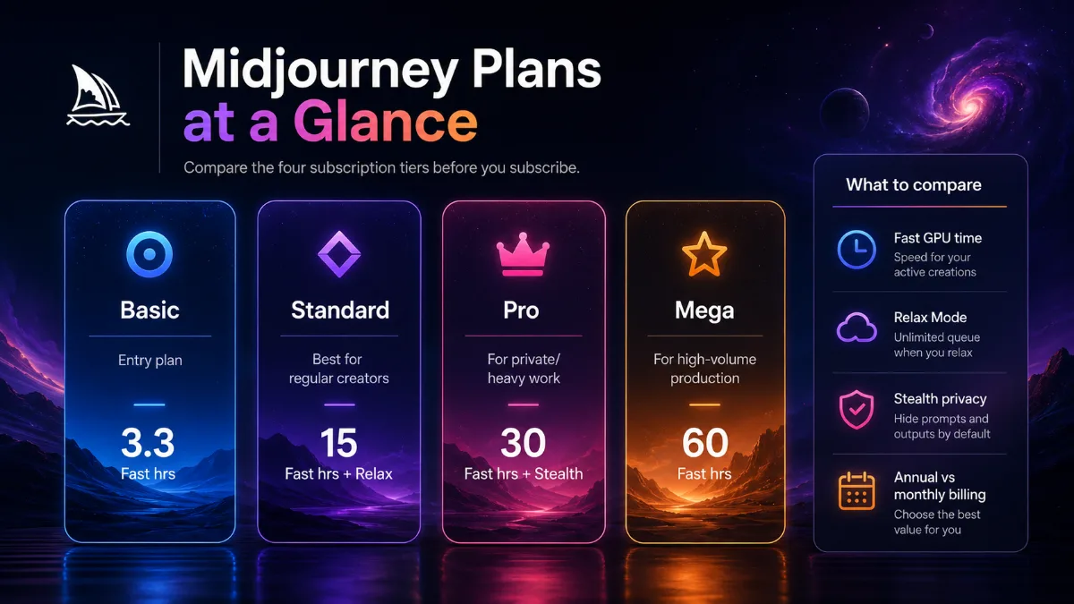 Midjourney plan comparison showing Basic, Standard, Pro and Mega with Fast GPU hours, Relax Mode and Stealth privacy.