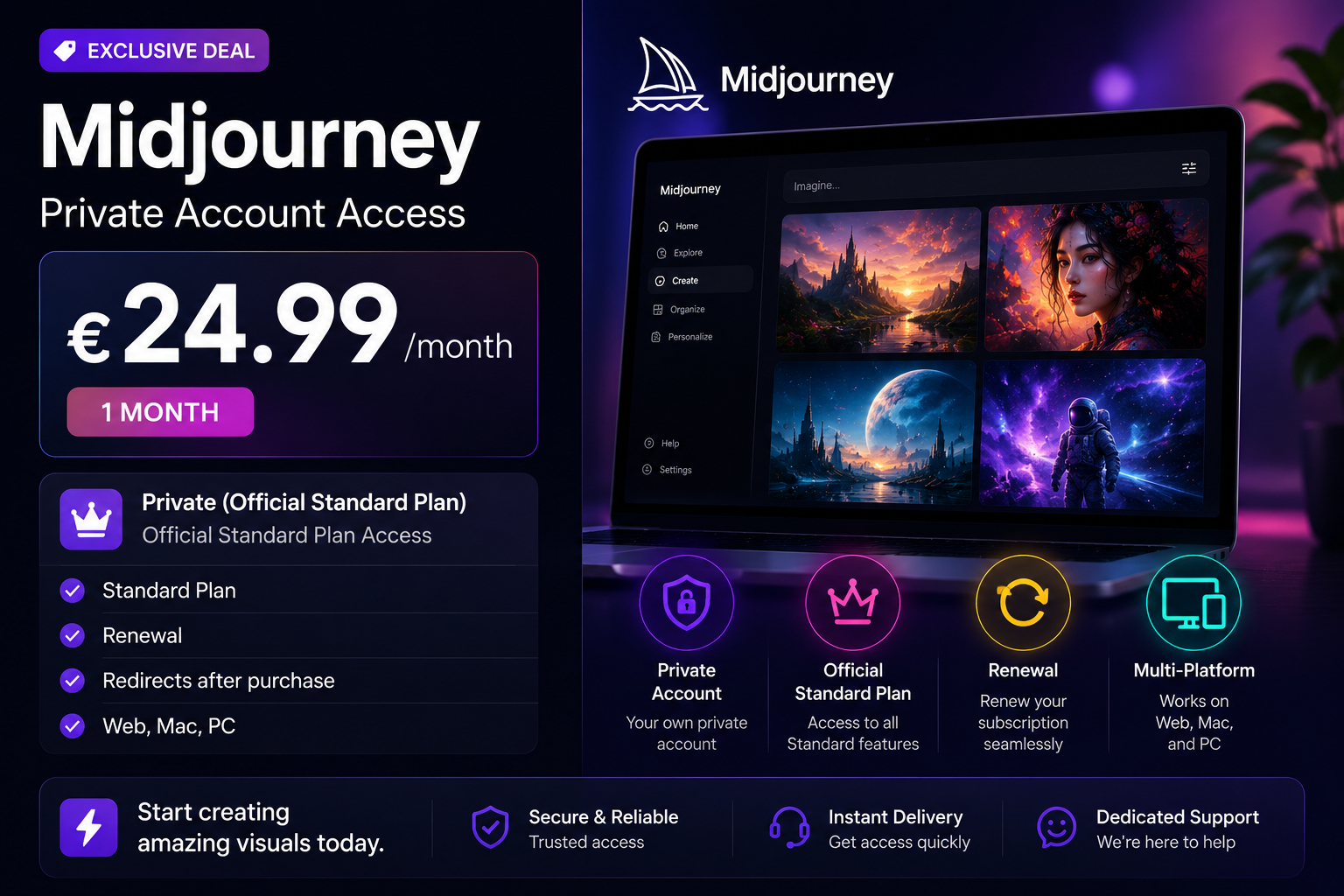 Midjourney private Standard Plan offer showing €24.99 for one month with renewal and Web, Mac and PC access.