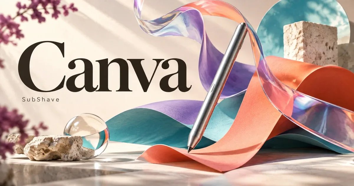 Canva: a stylus surrounded by colorful paper and glass ribbons.