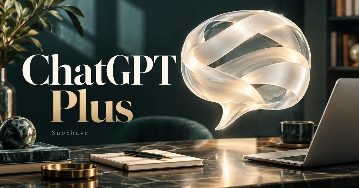 ChatGPT Plus: a luminous sculptural speech bubble over a writing desk.