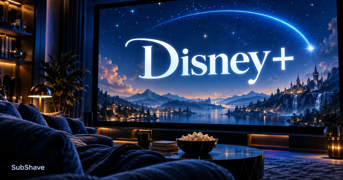 Disney+: a blue home cinema with a luminous fantasy landscape on screen.