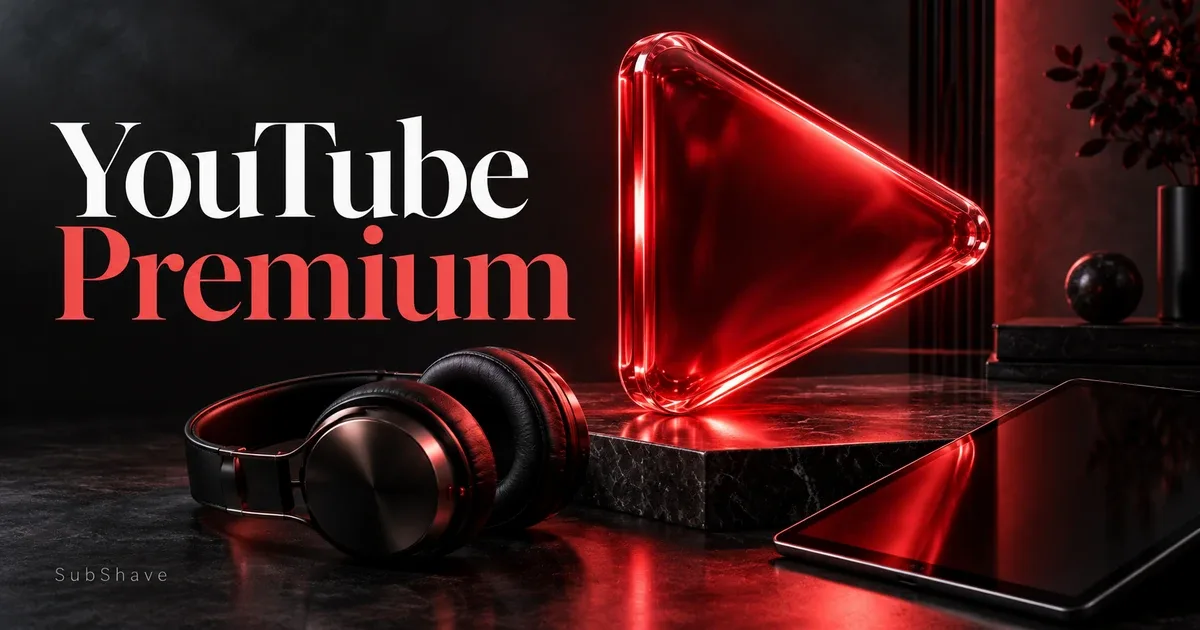 YouTube Premium: a red glass play symbol with headphones and a tablet.