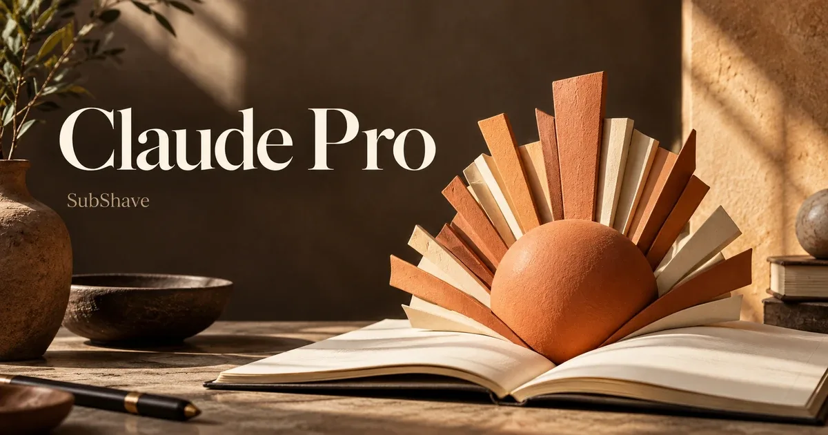 Claude Pro: a terracotta paper sunburst rising from an open notebook.