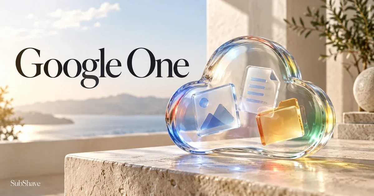 Google One: a glass cloud holding photo, document and folder shapes.