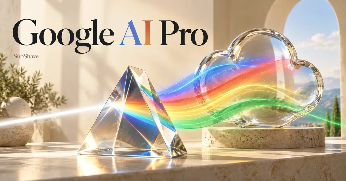Google AI Pro: a prism casting multicolored light into a glass cloud.