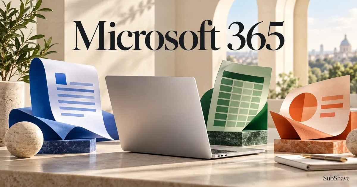 Microsoft 365: a laptop with sculptural document, spreadsheet and presentation sheets.