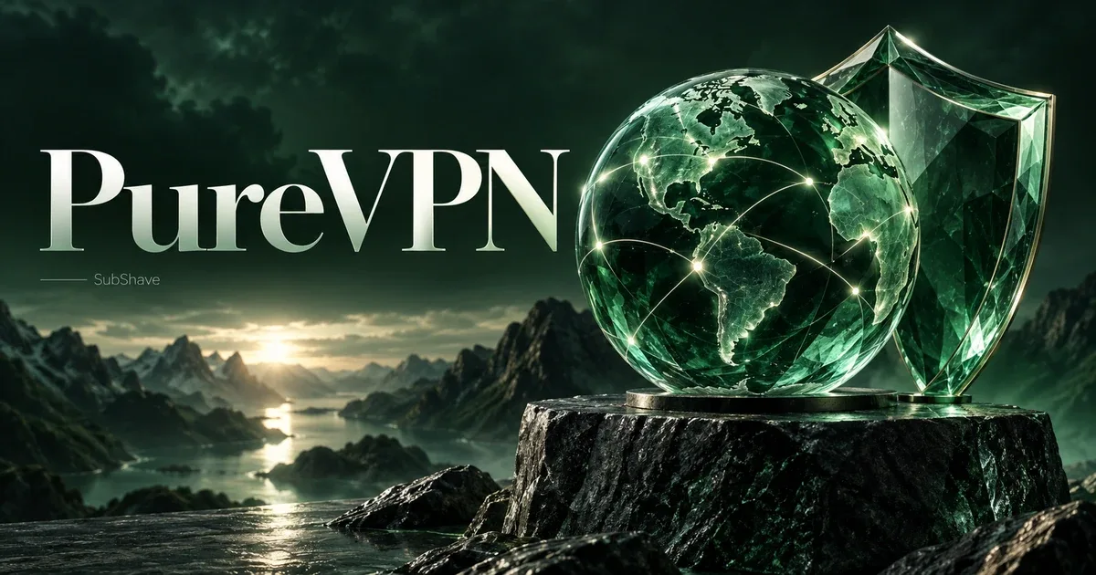 PureVPN: an emerald glass globe and shield above a mountain landscape.