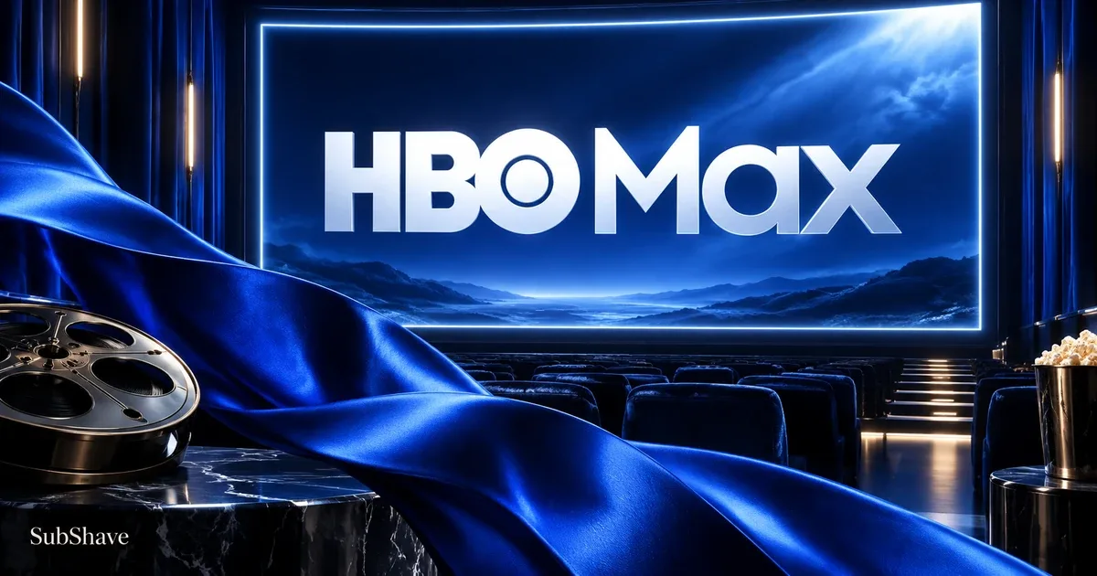 HBO Max: a cobalt cinema screen with a flowing blue satin ribbon.