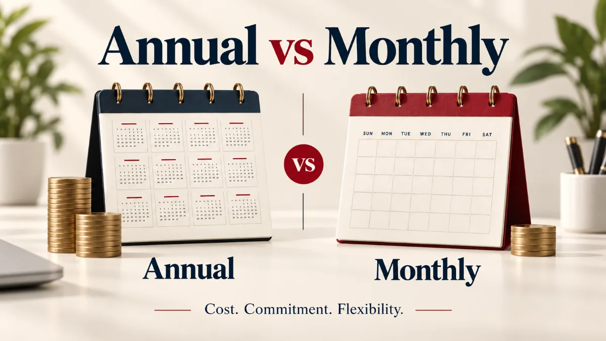 Annual and monthly desk calendars with coin stacks illustrating subscription costs and billing flexibility.
