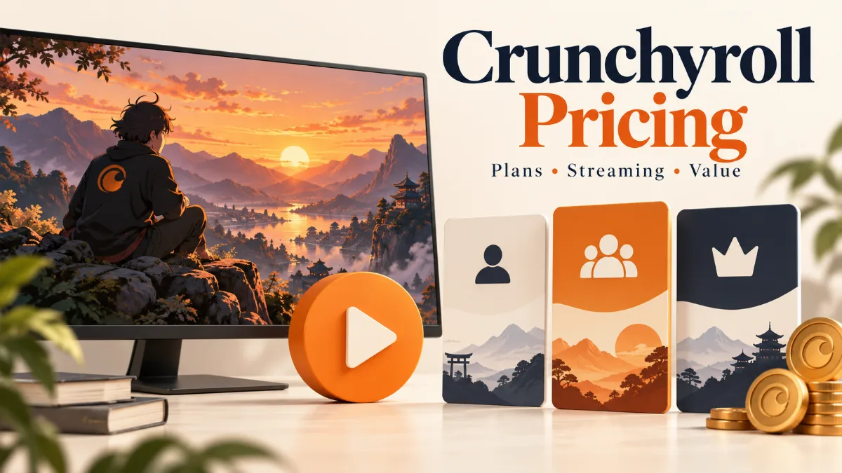 Anime streaming screen with three membership cards and an orange play button.