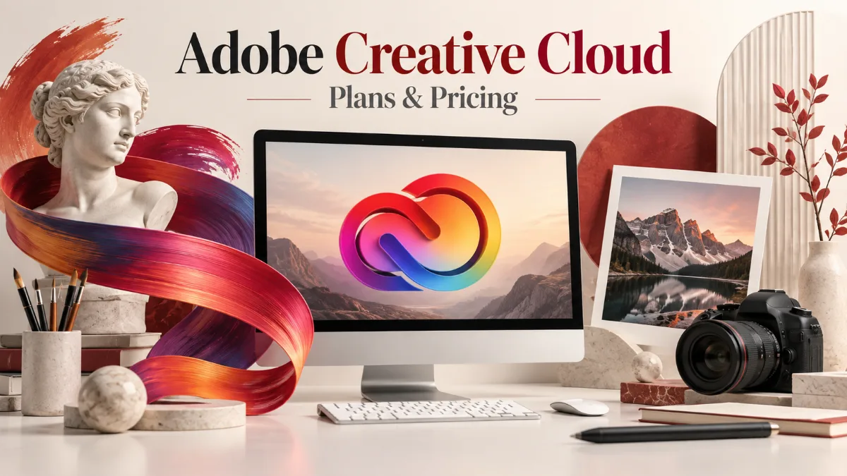 Creative workstation with colorful ribbon, camera and Adobe Creative Cloud pricing headline.