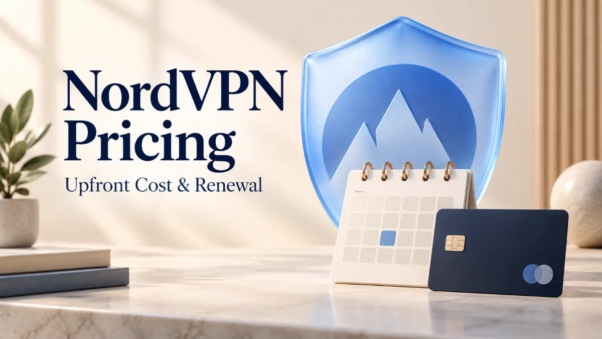 Blue shield, calendar and payment card illustrating NordVPN upfront and renewal costs.