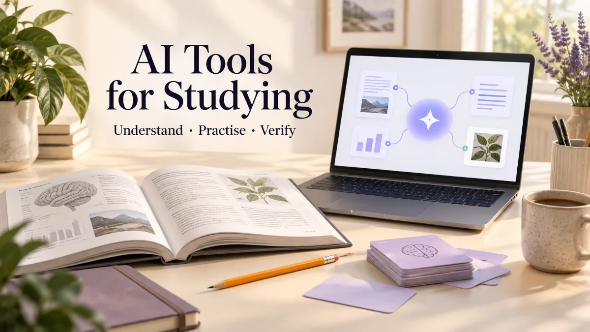 Laptop, course book and flashcards illustrating AI-assisted studying and verification.