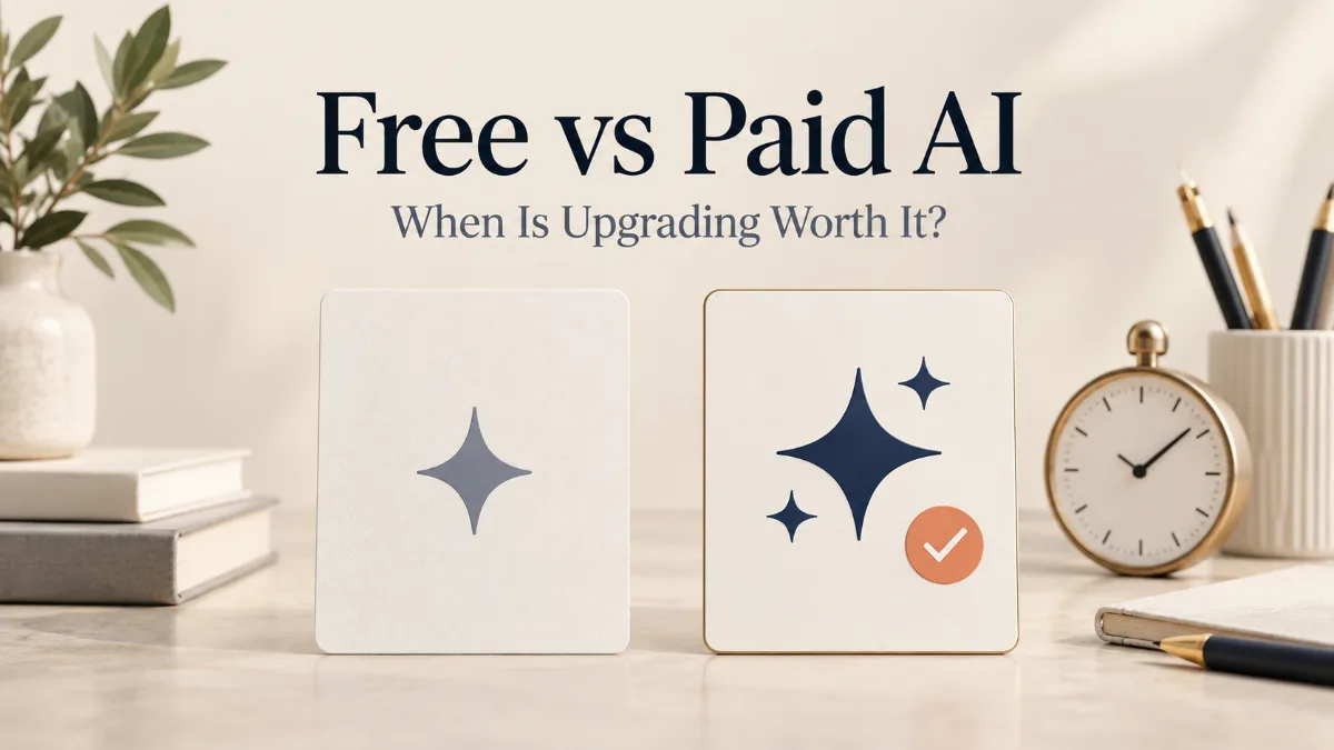 Two AI plan cards with a stopwatch illustrating a measured free-versus-paid comparison.