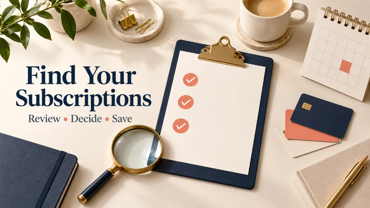 Clipboard checklist, magnifying glass, calendar and payment cards for a subscription audit.