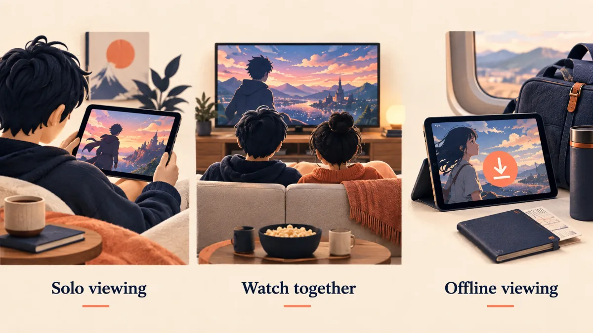 Anime viewing alone, watching together and downloading to a tablet for offline viewing.
