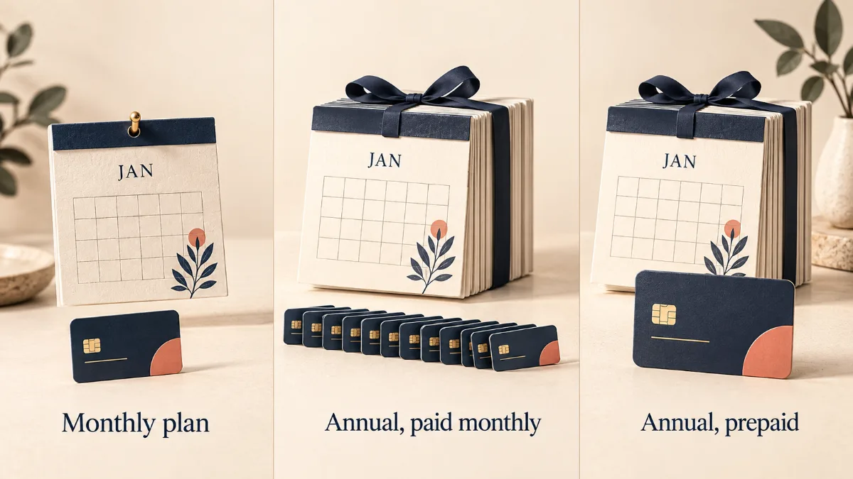 Monthly plan, annual plan paid monthly and annual prepaid plan illustrated with calendars and payment cards.
