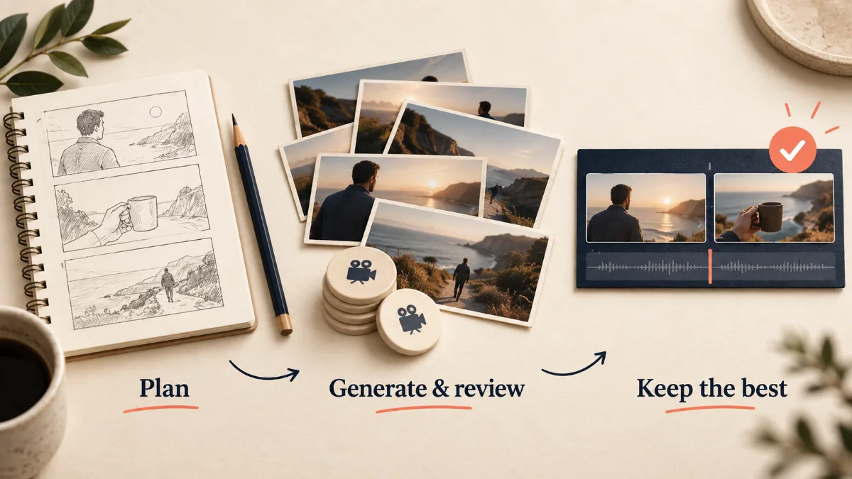 Storyboard, multiple generated film attempts and selected clips illustrate a video production workflow.