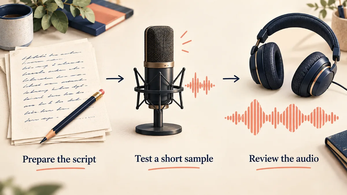 Script, microphone, audio waveforms and headphones show preparation, short testing and audio review.