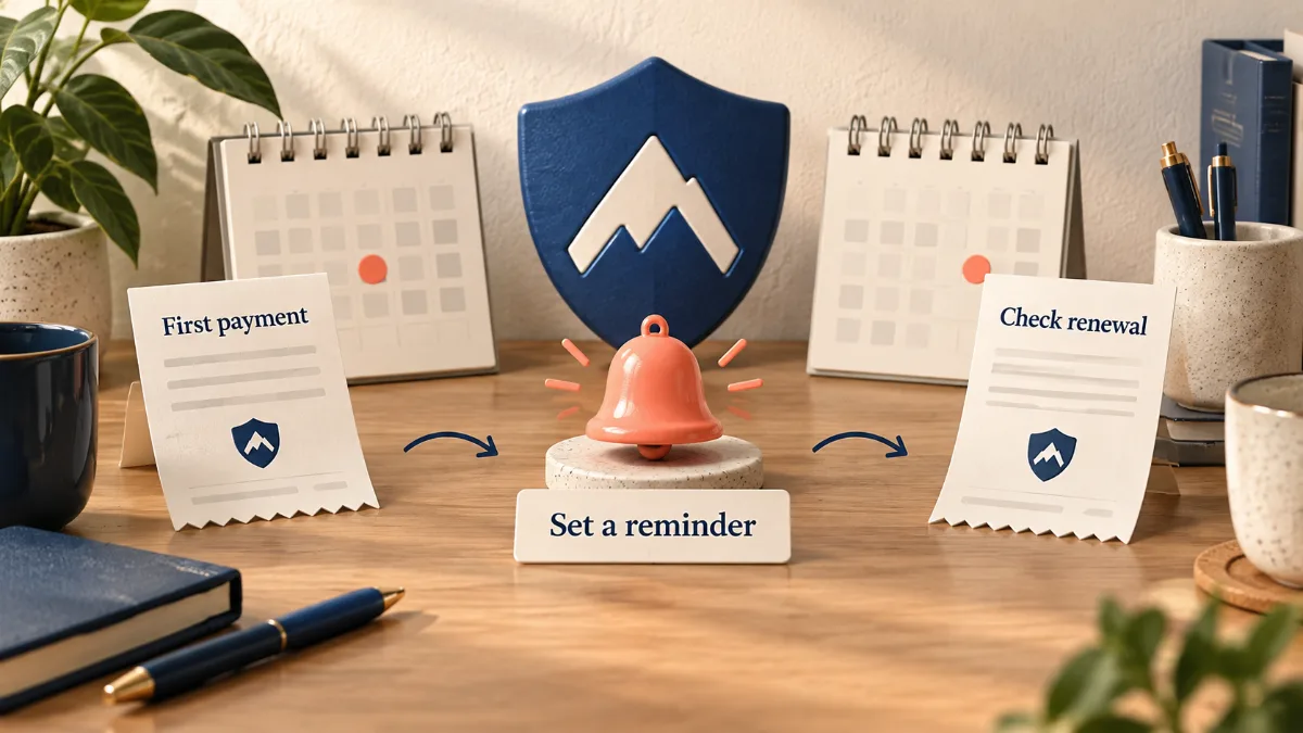 Initial payment receipt, reminder bell and renewal receipt beside calendars and a VPN shield.
