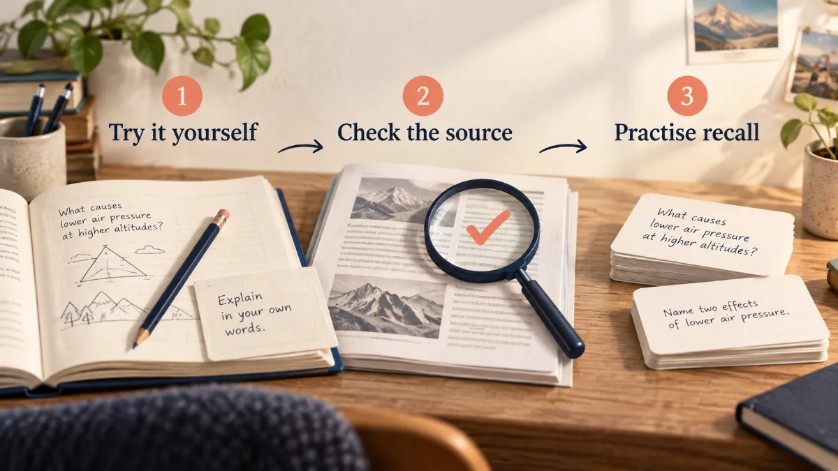 Notes, a checked source and flashcards illustrate independent practice, verification and recall.