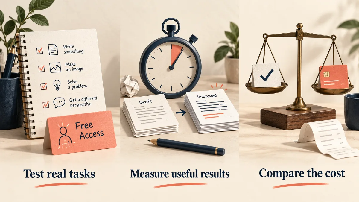 Real-task checklist, stopwatch and balance scale compare useful AI results with subscription cost.