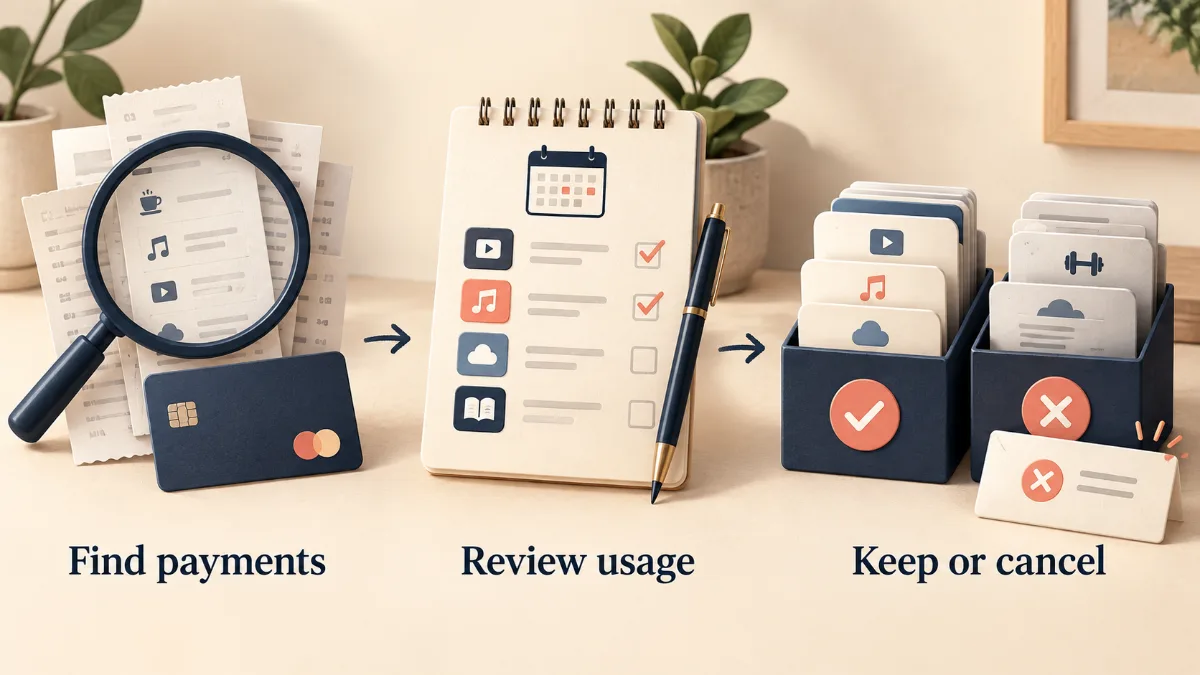 Receipts, usage checklist and keep-or-cancel folders illustrate the subscription audit process.
