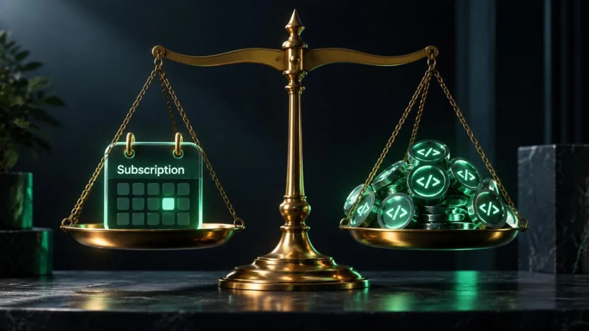 Brass balance scale weighing a glowing calendar card labelled Subscription against a heap of small code tokens
