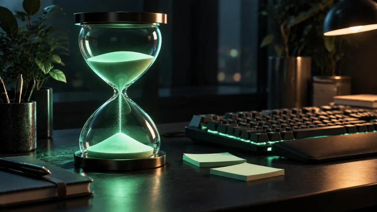 Glowing mint-green hourglass on a dark desk beside a mechanical keyboard and sticky notes