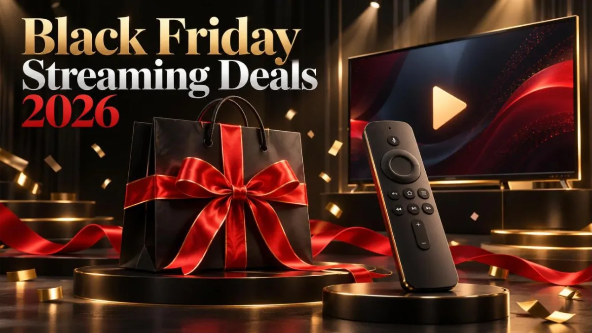 Black shopping bag with a red ribbon beside a streaming remote and a TV showing a play button, under the title Black Friday Streaming Deals 2026