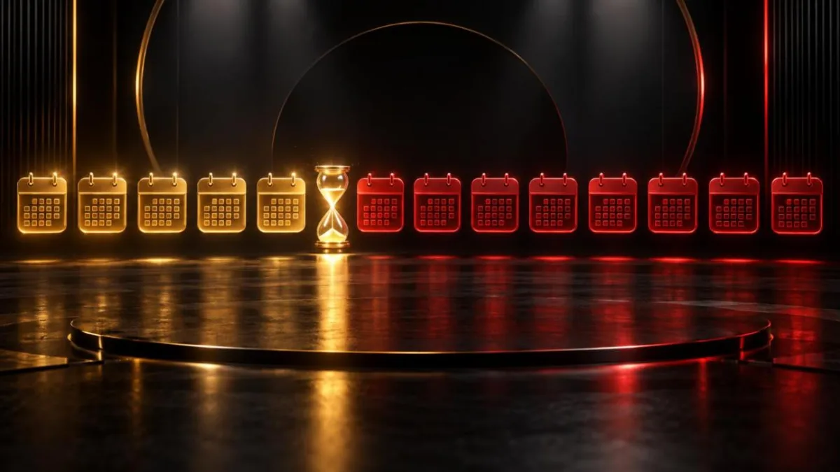 Row of calendar icons changing from gold to red on either side of an hourglass