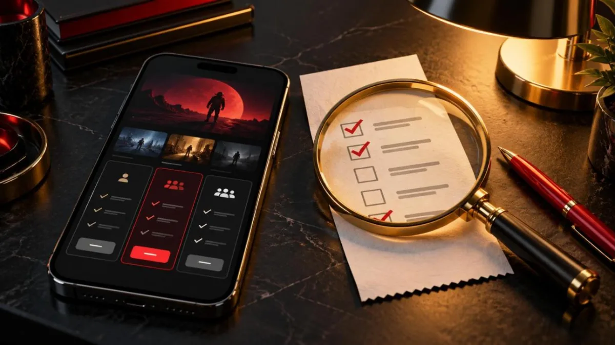 Phone showing three streaming plan cards next to a checklist under a magnifying glass