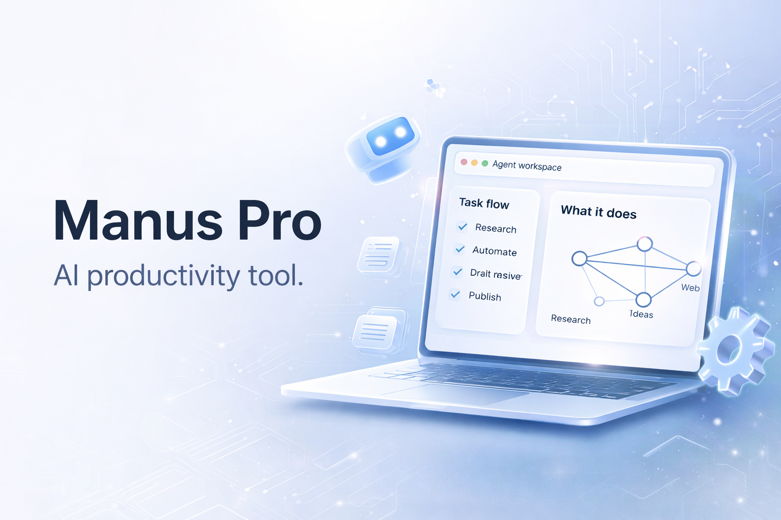 Manus Pro illustration with a laptop showing research and automation tasks.