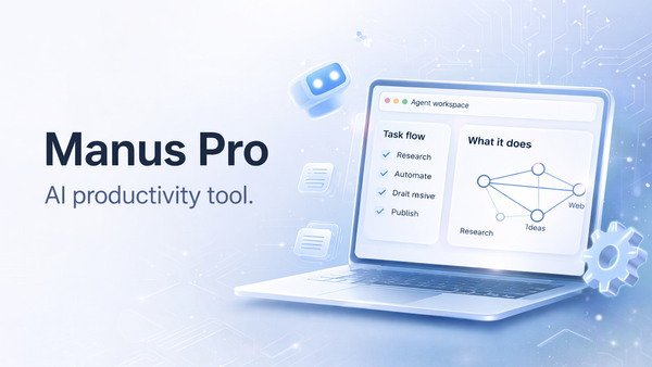 Manus Pro illustration with a laptop showing research and automation tasks.