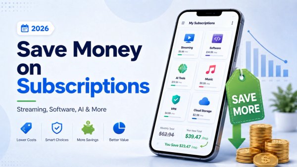 Subscription savings illustration with a phone dashboard, coins and a downward cost chart.