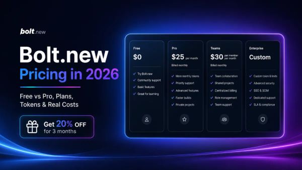 Bolt.new pricing comparison for Free, Pro, Teams, and Enterprise plans in 2026, including tokens and 20% off for three months.
