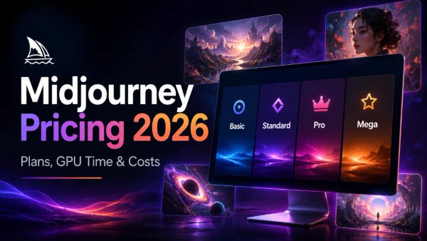 Midjourney pricing 2026 featured image showing Basic, Standard, Pro and Mega plans with GPU time and costs.