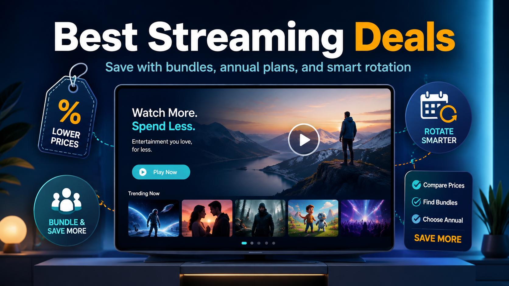 TV streaming screen with price, bundle and rotation icons promoting the best streaming deals.