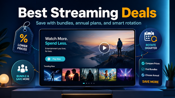 TV streaming screen with price, bundle and rotation icons promoting the best streaming deals.