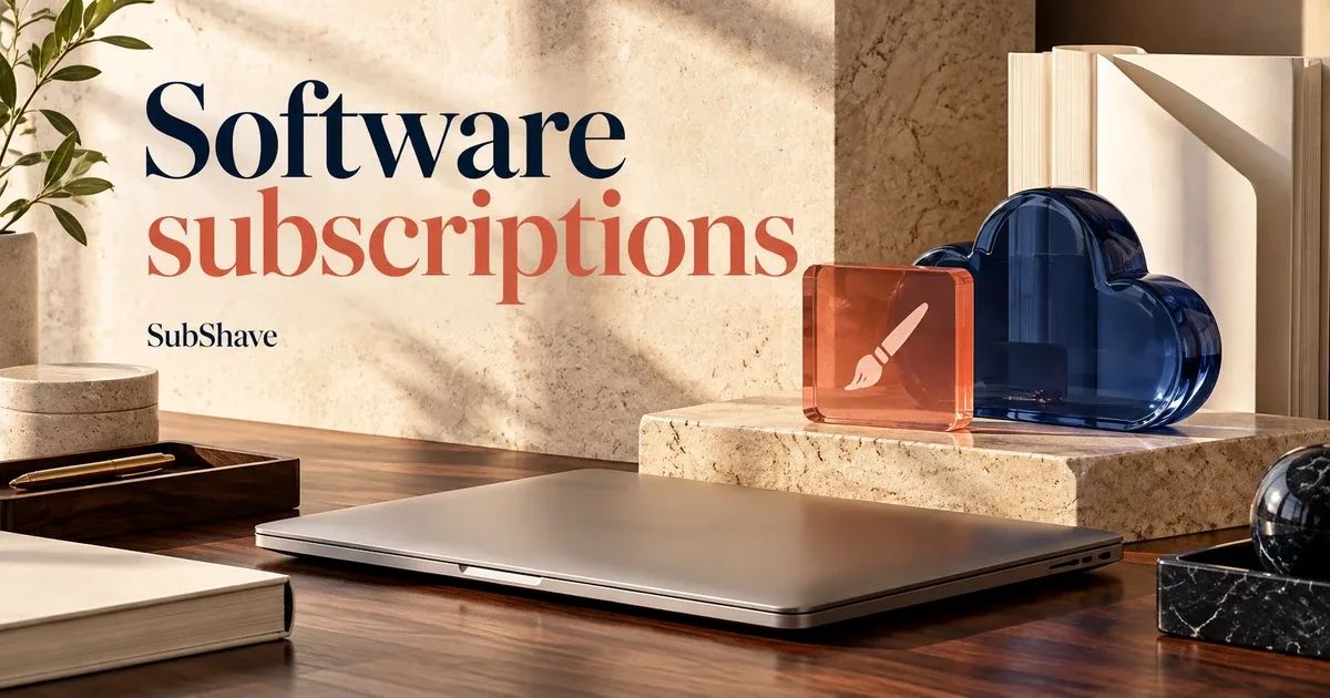 Software subscriptions: a laptop with sculptural creative-tool and cloud tiles.