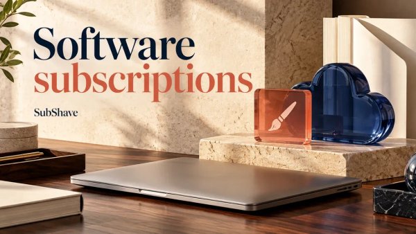 Software subscriptions: a laptop with sculptural creative-tool and cloud tiles.